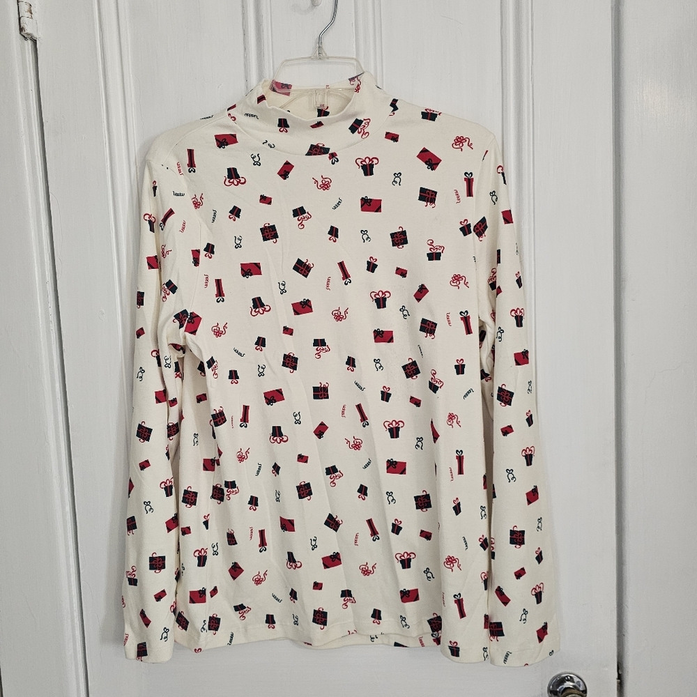 White Stag Women's Large 12-14 Christmas Mock Neck Shirt Gifts Presents Cotton